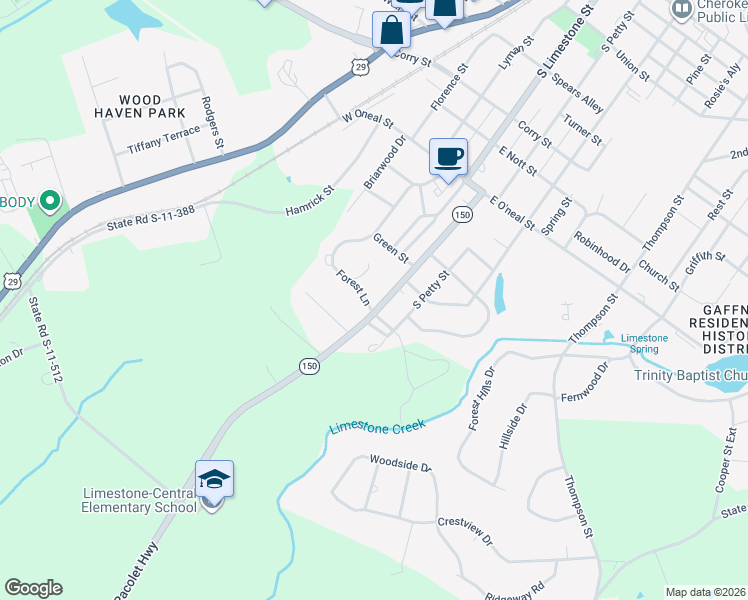 map of restaurants, bars, coffee shops, grocery stores, and more near 417 Forest Lane Drive in Gaffney