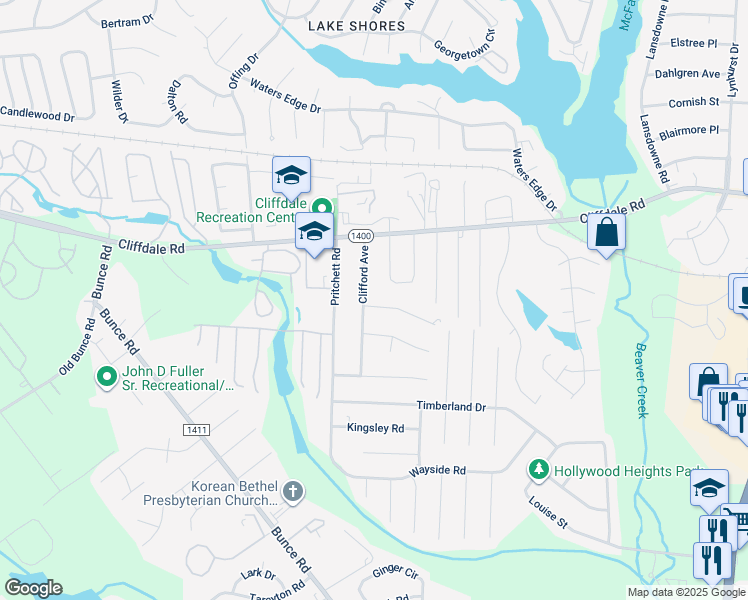 map of restaurants, bars, coffee shops, grocery stores, and more near 6242 Lansford Drive in Fayetteville