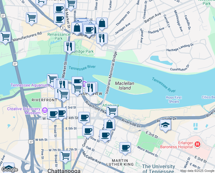 map of restaurants, bars, coffee shops, grocery stores, and more near Veterans Bridge in Chattanooga