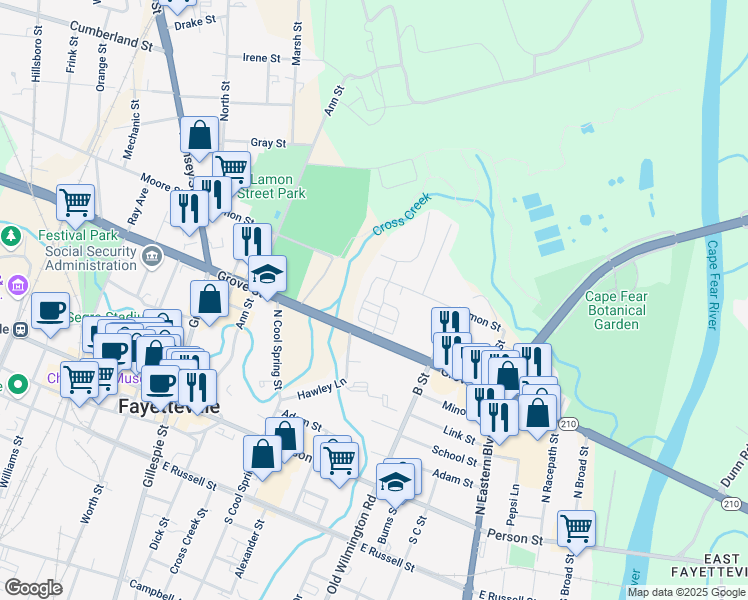 map of restaurants, bars, coffee shops, grocery stores, and more near 110 Grove View Terrace in Fayetteville