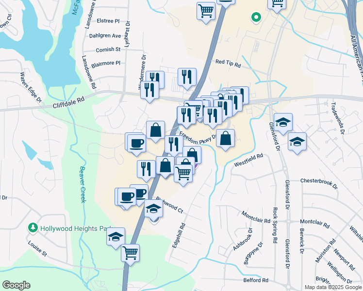 map of restaurants, bars, coffee shops, grocery stores, and more near 5876 Leisure Lane in Fayetteville
