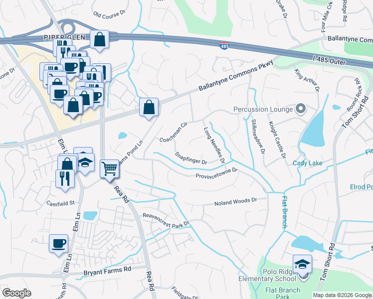 map of restaurants, bars, coffee shops, grocery stores, and more near 11238 Peppertree Lane in Charlotte