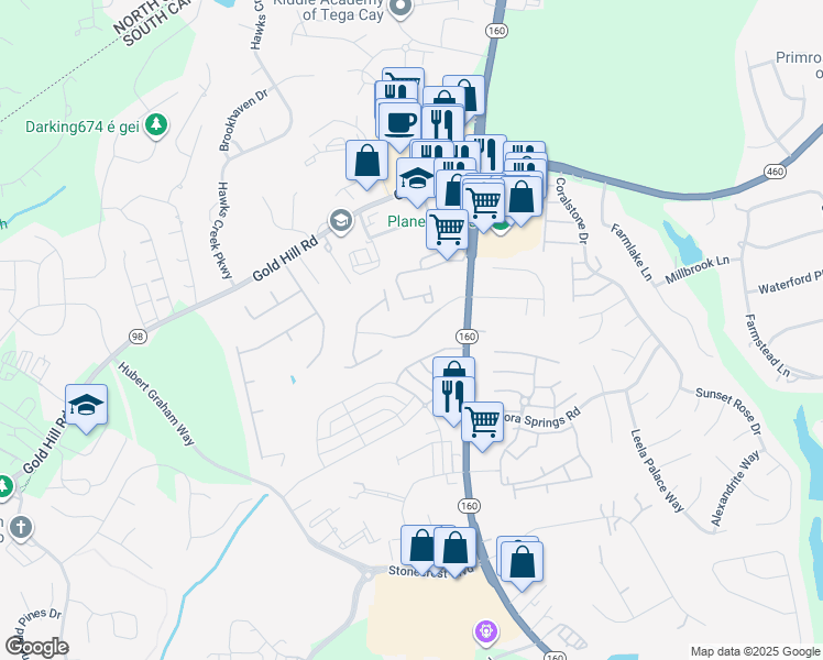 map of restaurants, bars, coffee shops, grocery stores, and more near 406 Stone Village Drive in Fort Mill