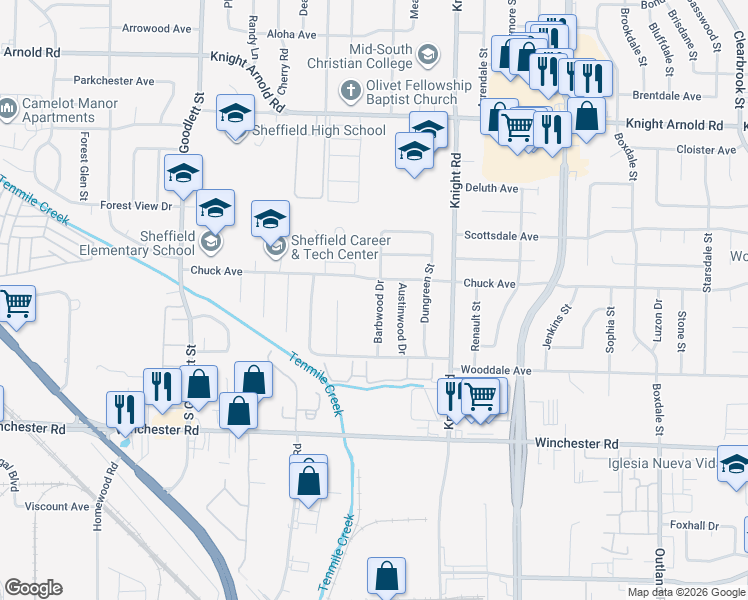 map of restaurants, bars, coffee shops, grocery stores, and more near 3373 Barbwood Drive in Memphis
