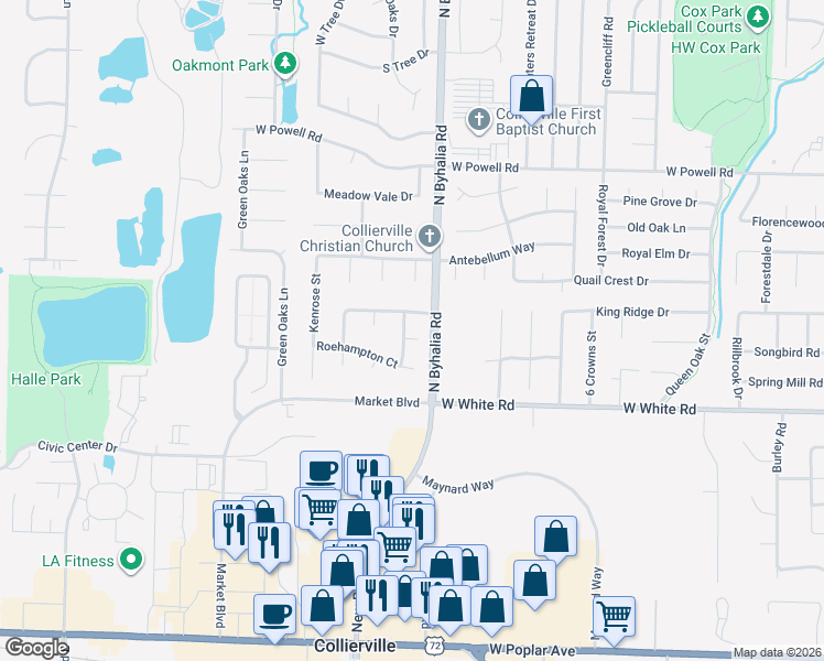 map of restaurants, bars, coffee shops, grocery stores, and more near 739 Polo Run Drive in Collierville