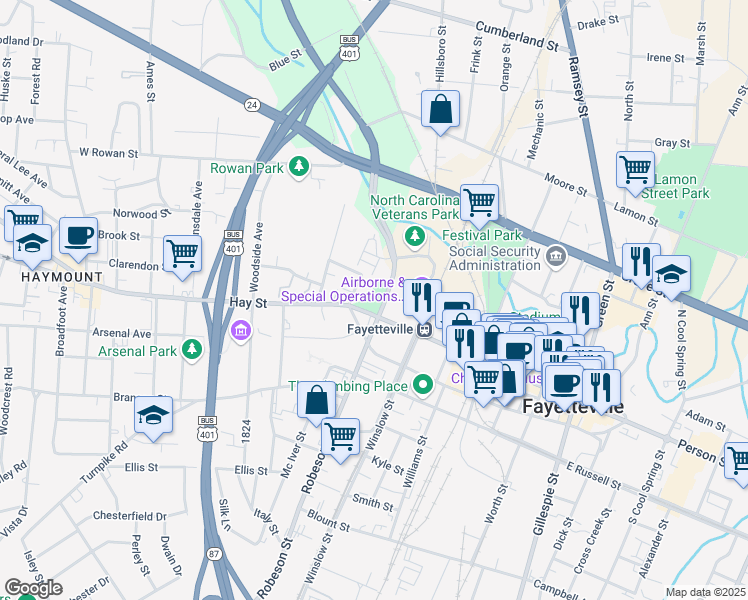 map of restaurants, bars, coffee shops, grocery stores, and more near 117 Bragg Boulevard in Fayetteville