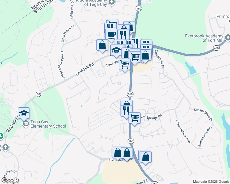 map of restaurants, bars, coffee shops, grocery stores, and more near 406 Stone Village Drive in Fort Mill