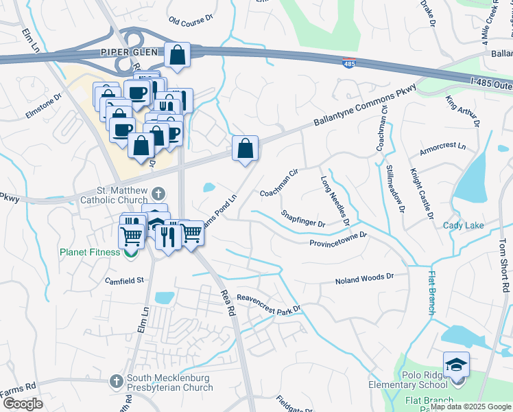 map of restaurants, bars, coffee shops, grocery stores, and more near 7804 Horsecroft Court in Charlotte