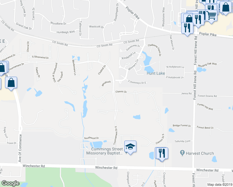 map of restaurants, bars, coffee shops, grocery stores, and more near 8761 Classic Drive in Memphis