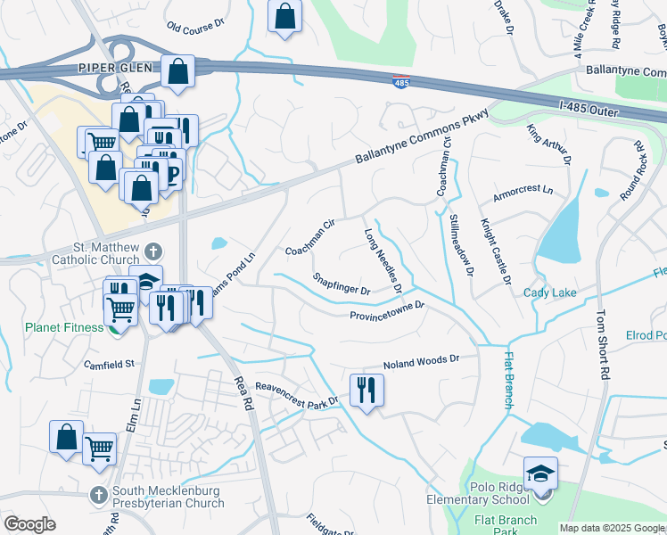 map of restaurants, bars, coffee shops, grocery stores, and more near 11238 Peppertree Lane in Charlotte