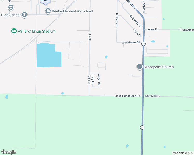 map of restaurants, bars, coffee shops, grocery stores, and more near 129 Angel Circle in Beebe