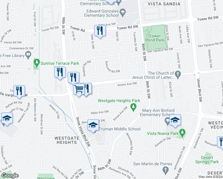 map of restaurants, bars, coffee shops, grocery stores, and more near 1008 93rd Street Southwest in Albuquerque