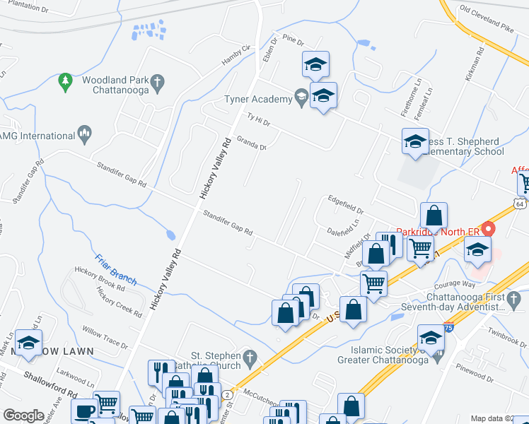 map of restaurants, bars, coffee shops, grocery stores, and more near 6845 Standifer Gap Road in Chattanooga