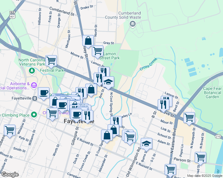 map of restaurants, bars, coffee shops, grocery stores, and more near in Fayetteville