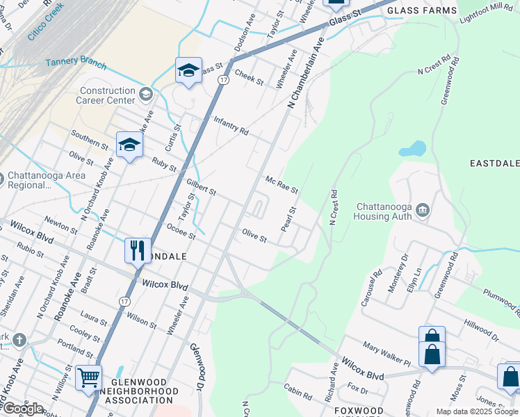 map of restaurants, bars, coffee shops, grocery stores, and more near Acer Circle in Chattanooga