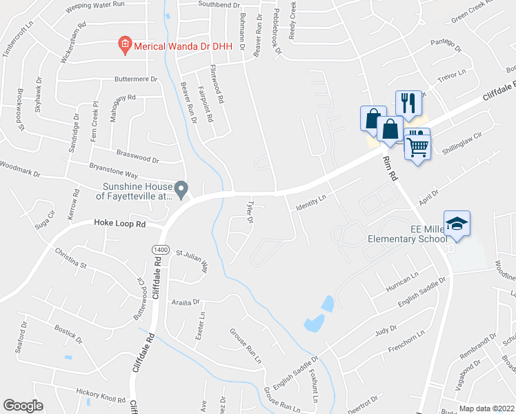 map of restaurants, bars, coffee shops, grocery stores, and more near 7311 Melissa Court in Fayetteville