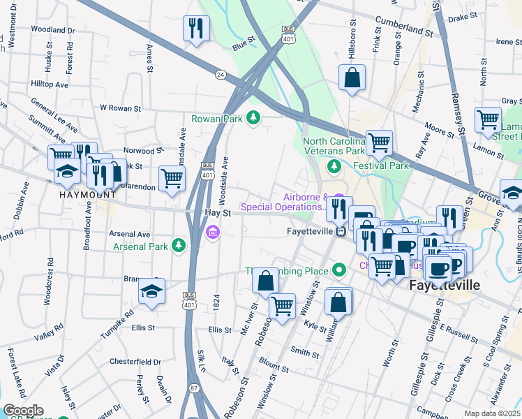 map of restaurants, bars, coffee shops, grocery stores, and more near 707 Marketview Court in Fayetteville