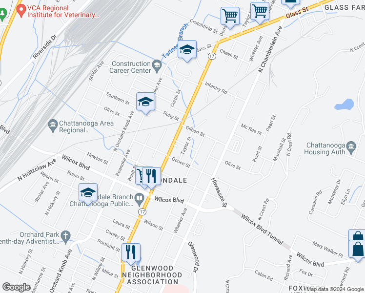 map of restaurants, bars, coffee shops, grocery stores, and more near 1717 Taylor Street in Chattanooga