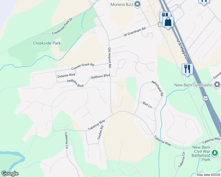 map of restaurants, bars, coffee shops, grocery stores, and more near 2115 Old Airport Rd in New Bern