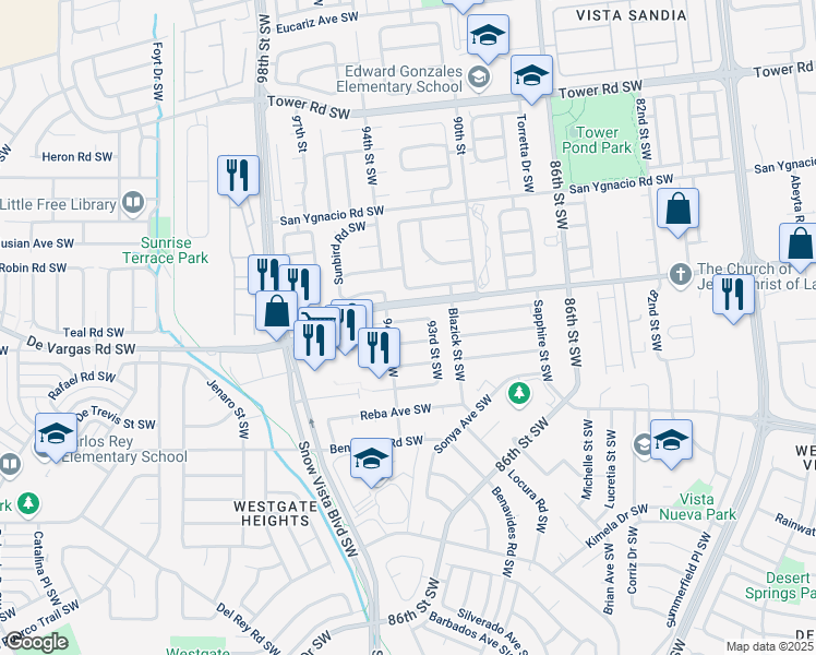 map of restaurants, bars, coffee shops, grocery stores, and more near 9215 Alvera Avenue Southwest in Albuquerque