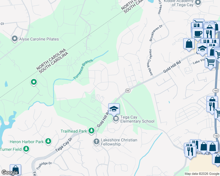 map of restaurants, bars, coffee shops, grocery stores, and more near 3016 Deer Creek Drive in Fort Mill