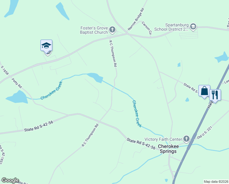 map of restaurants, bars, coffee shops, grocery stores, and more near 323 R C Thompson Road in Chesnee