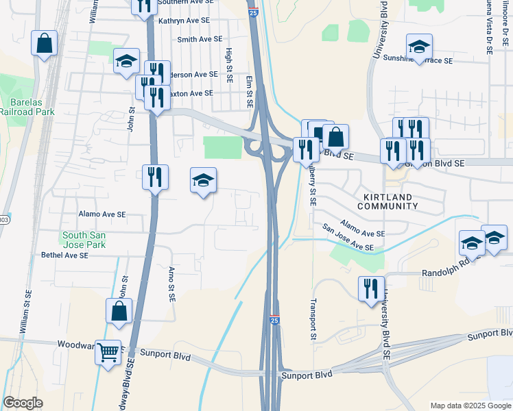 map of restaurants, bars, coffee shops, grocery stores, and more near 2520 Karsten Court Southeast in Albuquerque