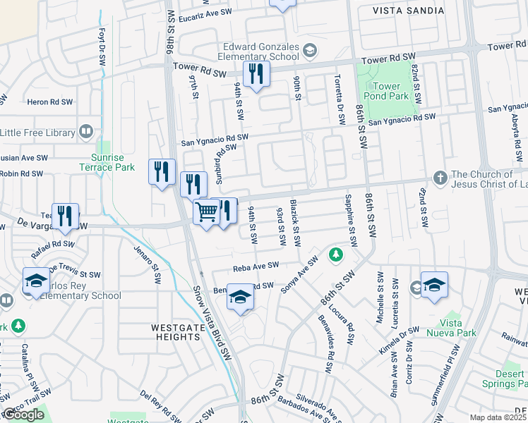 map of restaurants, bars, coffee shops, grocery stores, and more near 9215 Alvera Avenue Southwest in Albuquerque