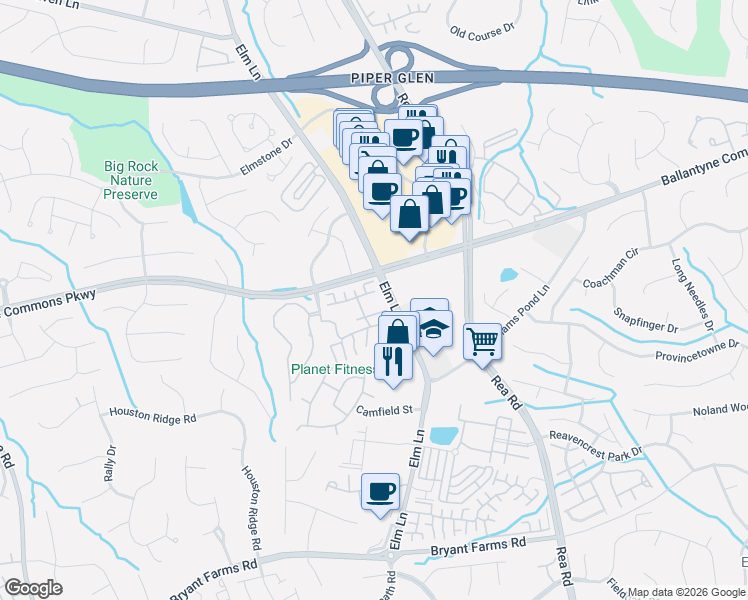 map of restaurants, bars, coffee shops, grocery stores, and more near 11311 Olde Turnbury Court in Charlotte