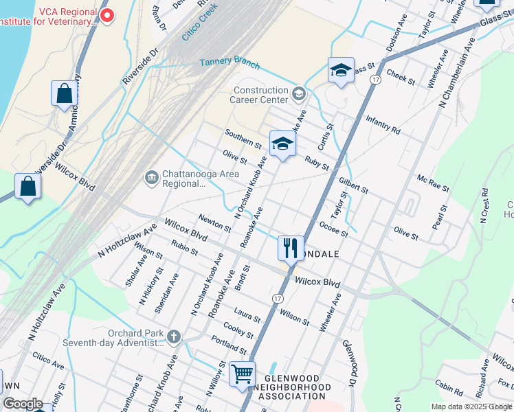 map of restaurants, bars, coffee shops, grocery stores, and more near 1614 North Orchard Knob Avenue in Chattanooga