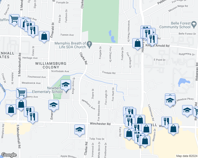 map of restaurants, bars, coffee shops, grocery stores, and more near 5730 Scottsdale Avenue in Memphis