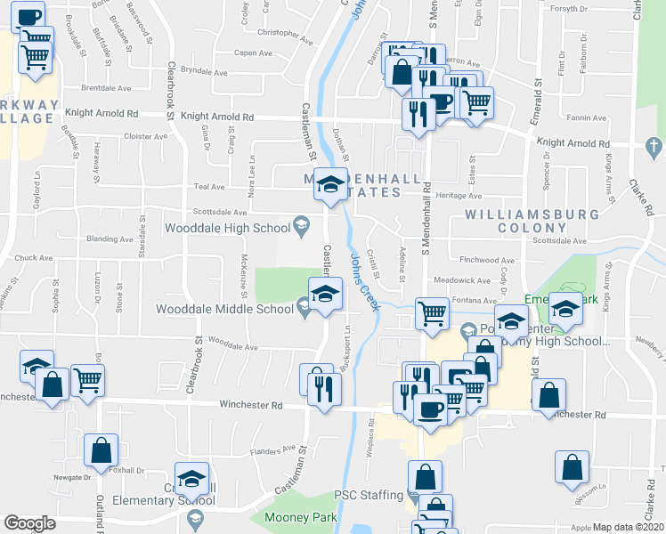 map of restaurants, bars, coffee shops, grocery stores, and more near 3370 Castleman Street in Memphis