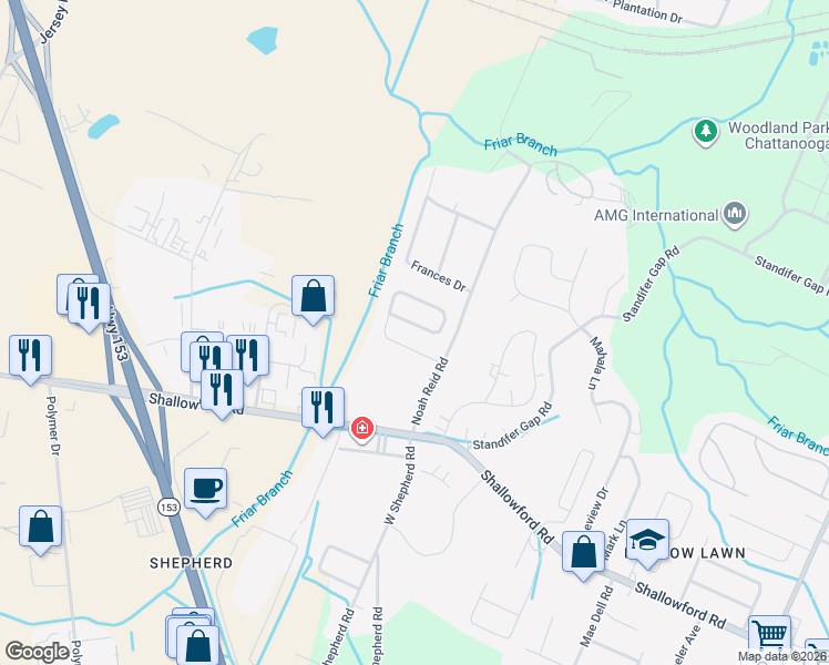 map of restaurants, bars, coffee shops, grocery stores, and more near 6455 Laramie Circle in Chattanooga