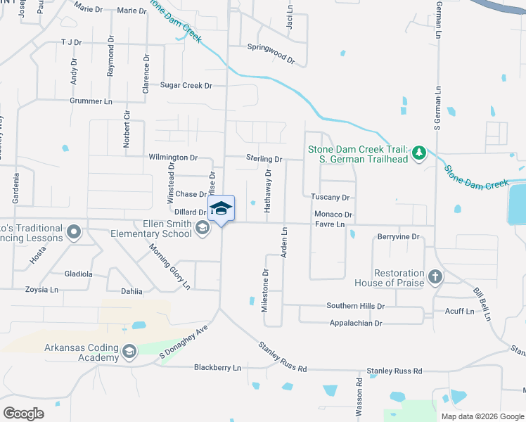 map of restaurants, bars, coffee shops, grocery stores, and more near 1543 Hathaway Drive in Conway