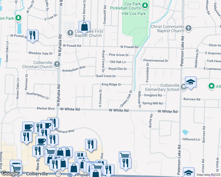 map of restaurants, bars, coffee shops, grocery stores, and more near 619 King Ridge Cove in Collierville