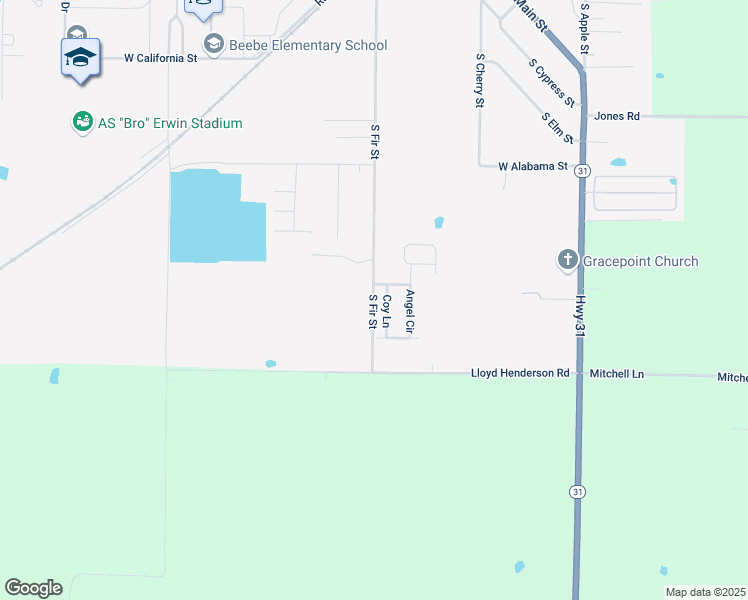 map of restaurants, bars, coffee shops, grocery stores, and more near 1206 South Fir Street in Beebe