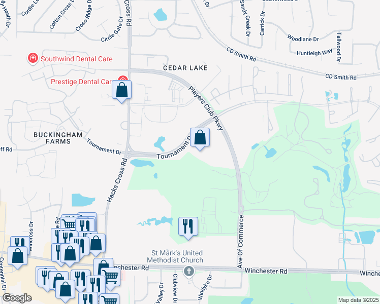 map of restaurants, bars, coffee shops, grocery stores, and more near 8245 Tournament Drive in Memphis