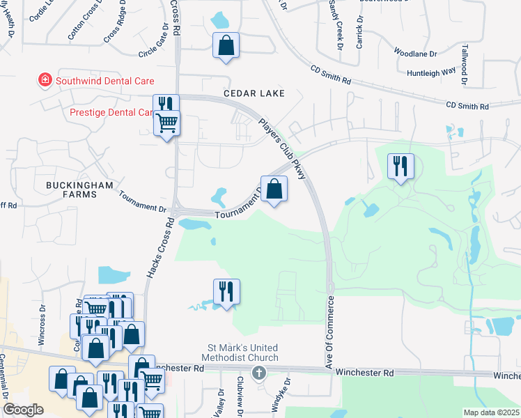 map of restaurants, bars, coffee shops, grocery stores, and more near 8245 Tournament Drive in Memphis