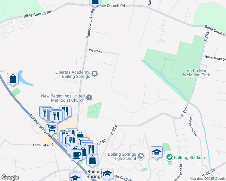 map of restaurants, bars, coffee shops, grocery stores, and more near 134 Rainbow Park Drive in Boiling Springs