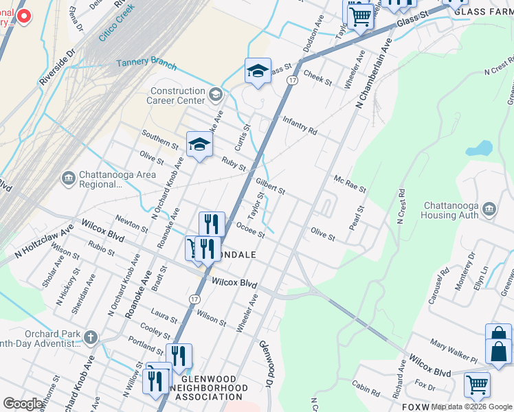 map of restaurants, bars, coffee shops, grocery stores, and more near 2301 Olive Street in Chattanooga