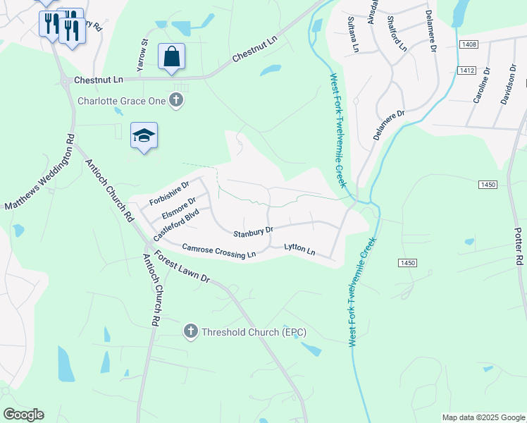 map of restaurants, bars, coffee shops, grocery stores, and more near 6007 Camrose Crossing Lane in Matthews