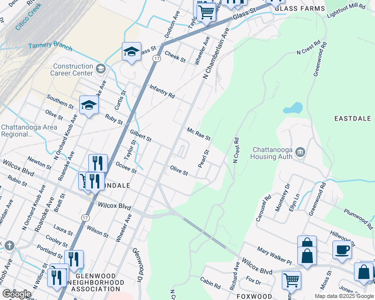 map of restaurants, bars, coffee shops, grocery stores, and more near Acer Circle in Chattanooga