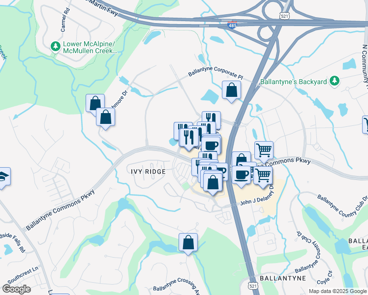 map of restaurants, bars, coffee shops, grocery stores, and more near 14027 Conlan Circle in Charlotte