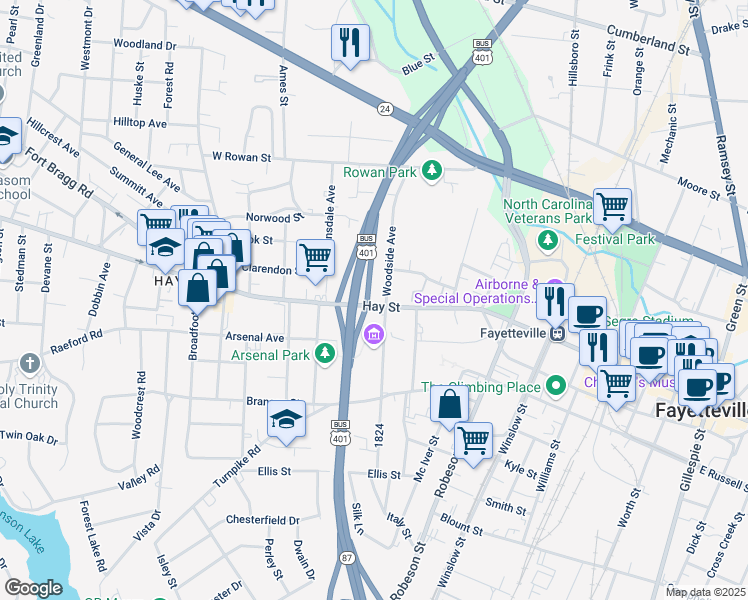 map of restaurants, bars, coffee shops, grocery stores, and more near 806 Hay Street in Fayetteville