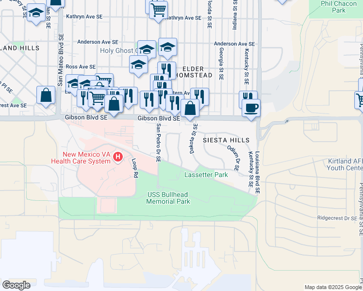 map of restaurants, bars, coffee shops, grocery stores, and more near 1313 Dakota Street Southeast in Albuquerque