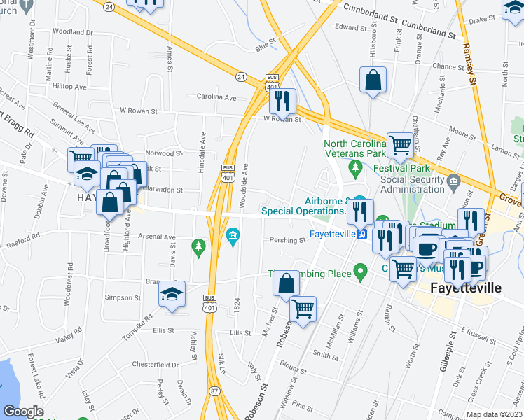 map of restaurants, bars, coffee shops, grocery stores, and more near 733 Victorian Place in Fayetteville