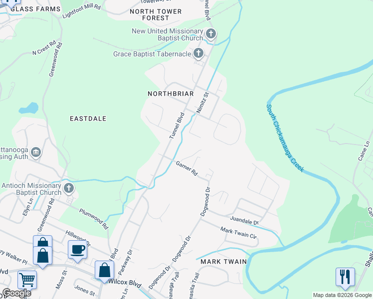 map of restaurants, bars, coffee shops, grocery stores, and more near 3525 Garner Road in Chattanooga