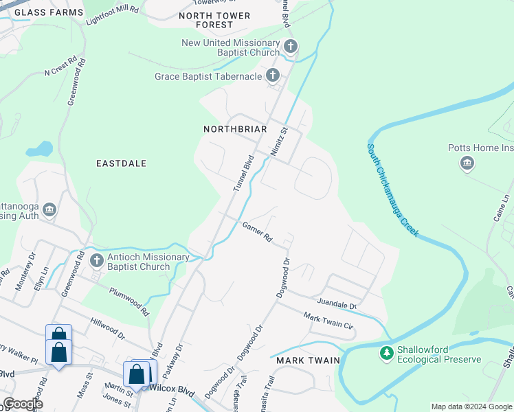 map of restaurants, bars, coffee shops, grocery stores, and more near 3525 Garner Road in Chattanooga