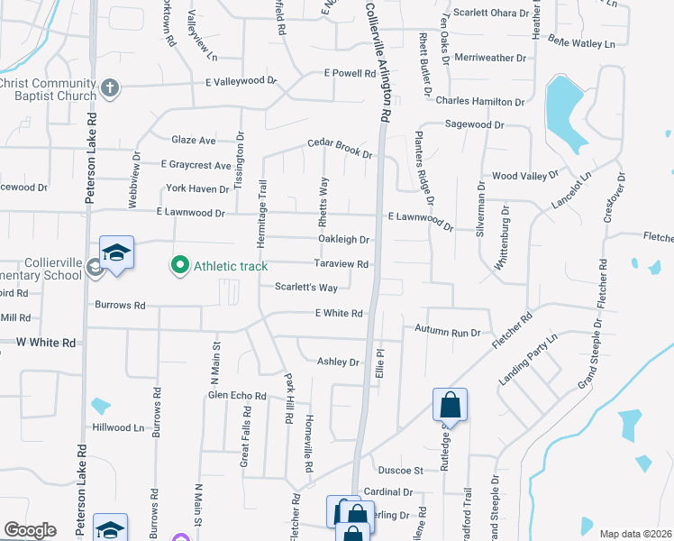 map of restaurants, bars, coffee shops, grocery stores, and more near 369 Taraview Road in Collierville