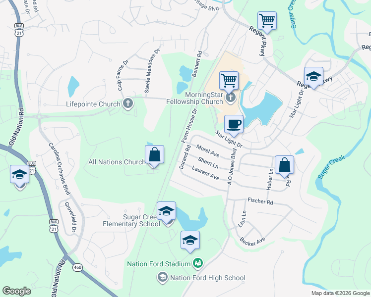 map of restaurants, bars, coffee shops, grocery stores, and more near 2114 Durand Road in Fort Mill